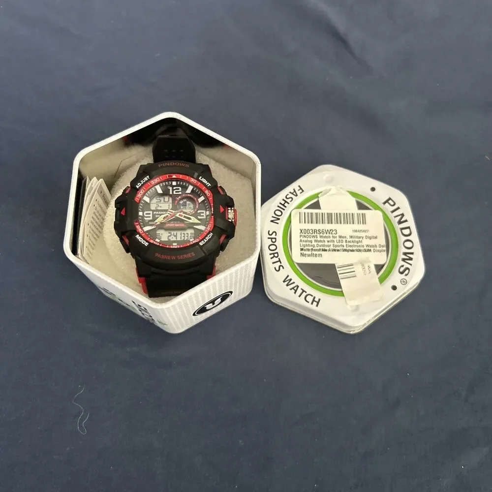 Pindows Fashion Sports Watch Military Digital Analog Black And Red